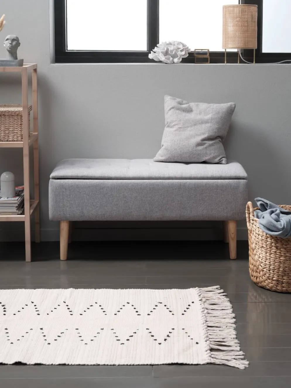 BADSTEDBanc BADSTED a/rangement tissu gris clair/coloris chêne