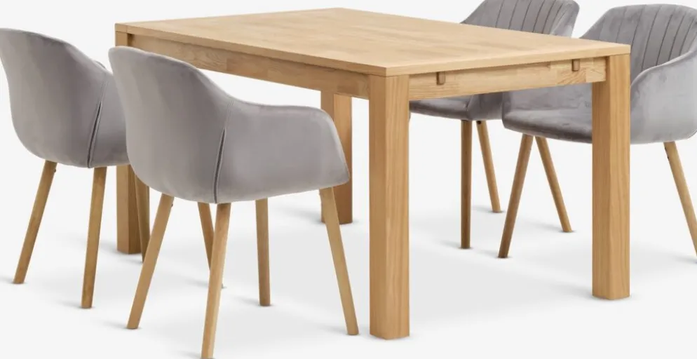 HAGE + ADSLEVHAGE L150 table chêne naturel+ 4 ADSLEV chaises velours gris