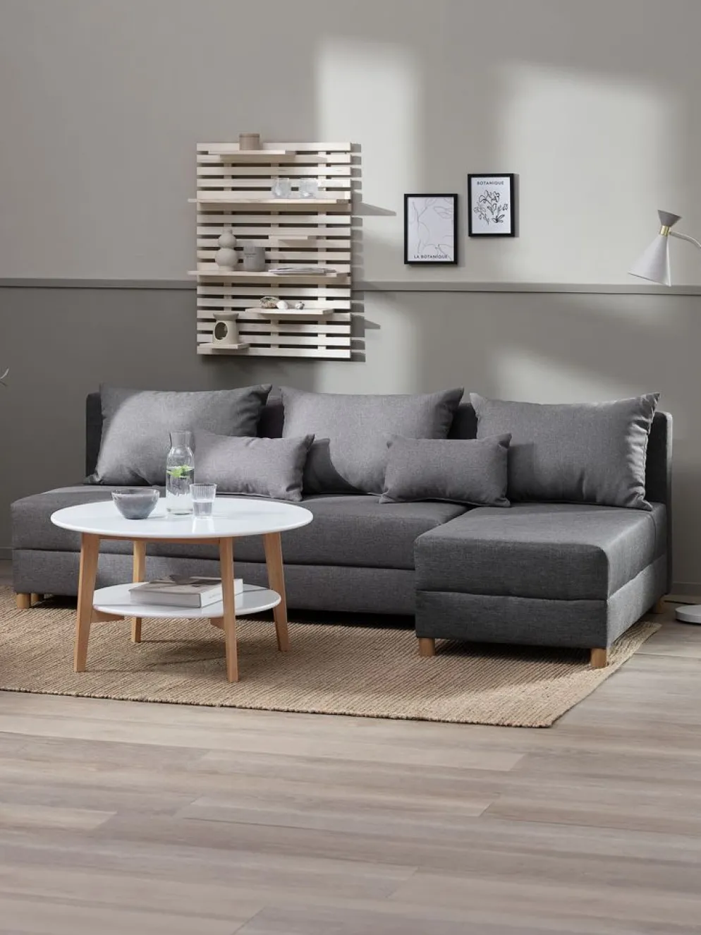 HAMPENCanapé convertible méridienne HAMPEN tissu gris/coloris chê.