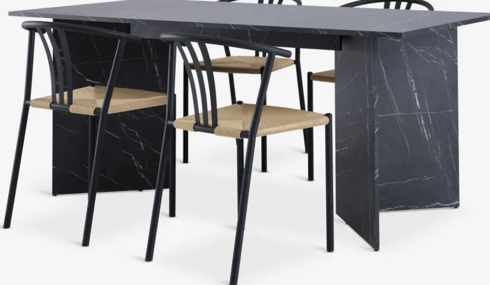 KRONDAL + JYDERUPKRONDAL L180 table marbre + 4 JYDERUP chaises noir/naturel