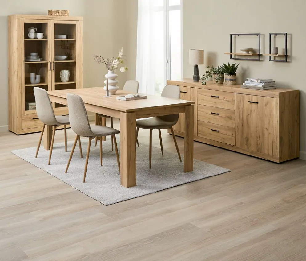 LINTRUP + BISTRUPLINTRUP L190/280 table colo. chêne + 4 BISTRUP chaises sable