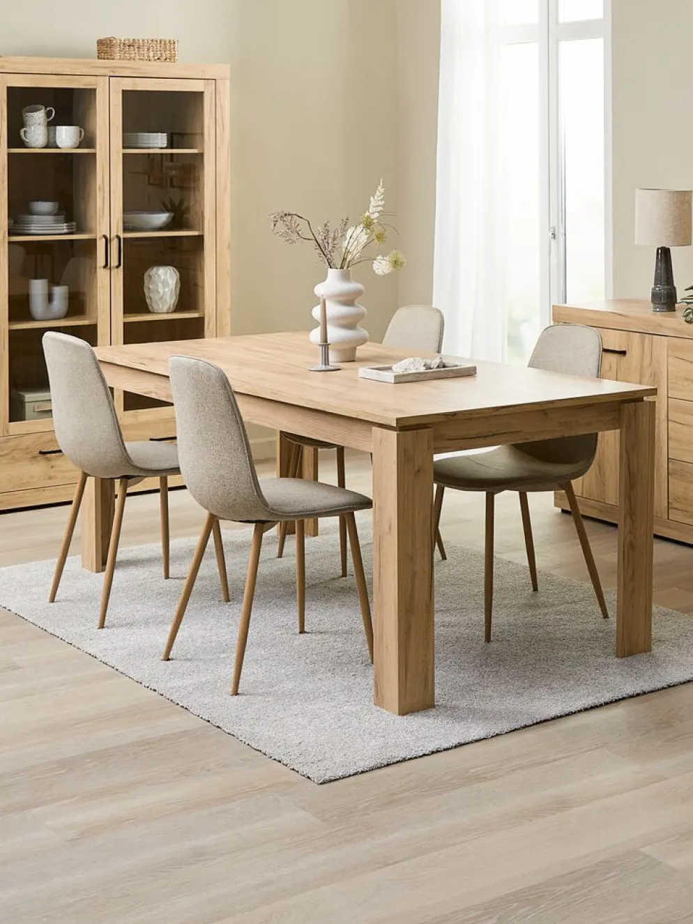 LINTRUP + BISTRUPLINTRUP L190/280 table colo. chêne + 4 BISTRUP chaises sable