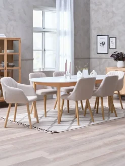 MARSTRAND + ADSLEVMARSTRAND L200/280 table blanc + 4 ADSLEV chaises beige