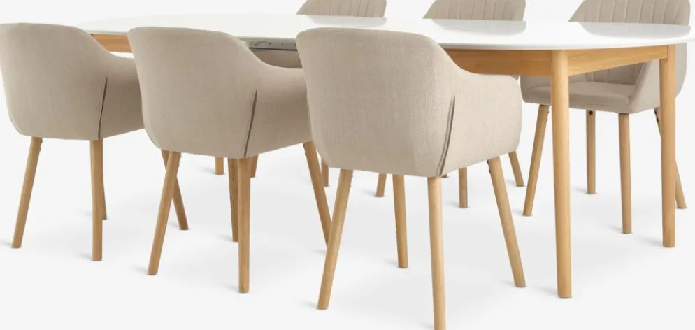 MARSTRAND + ADSLEVMARSTRAND L200/280 table blanc + 4 ADSLEV chaises beige