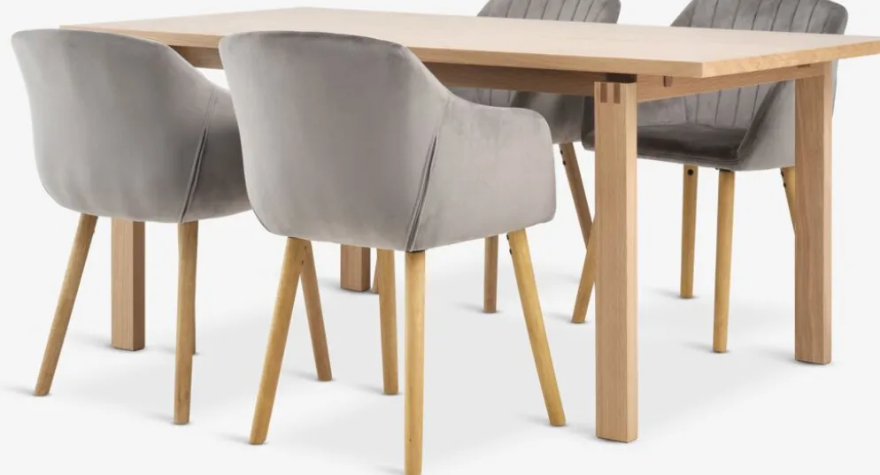 MEJLSKOV + ADSLEVMEJLSKOV L180 table chêne + 4 ADSLEV chaises velours gris