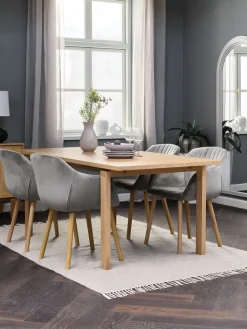 MEJLSKOV + ADSLEVMEJLSKOV L180 table chêne + 4 ADSLEV chaises velours gris