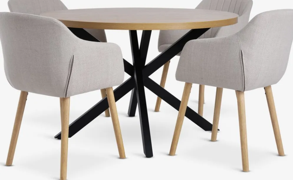 NORTOFT + ADSLEVNORTOFT Ø120 table coloris chêne + 4 ADSLEV chaises beige