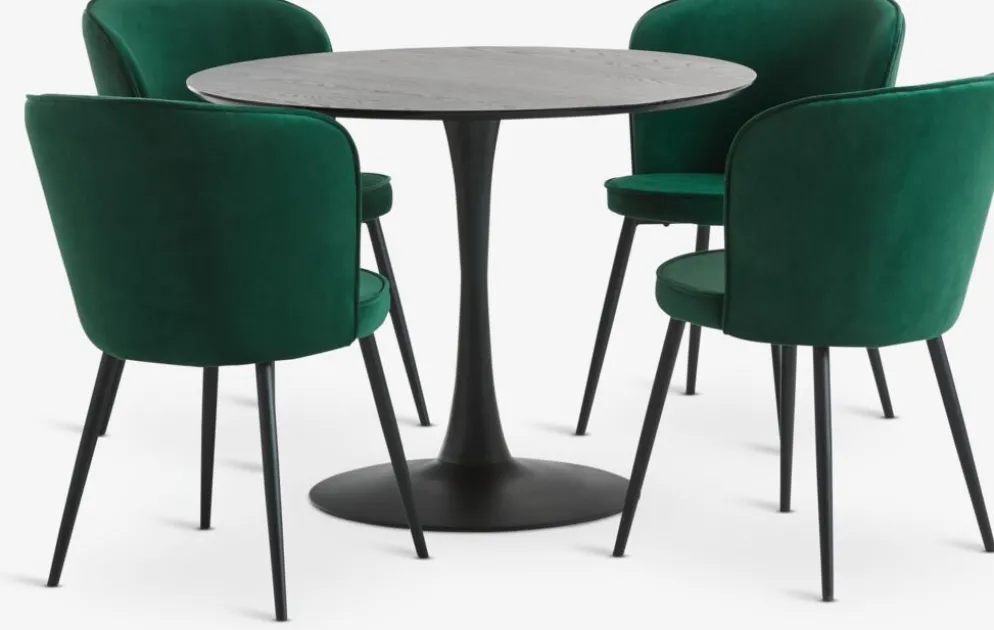 RINGSTED + RISSKOVRINGSTED Ø100 table noir + 4 RISSKOV chaises vert foncé