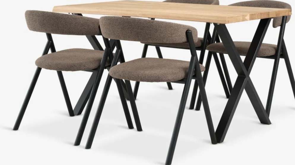 ROSLEV + HINDEVADROSLEV L140 table chêne naturel + 4 HINDEVAD chaises brun c.