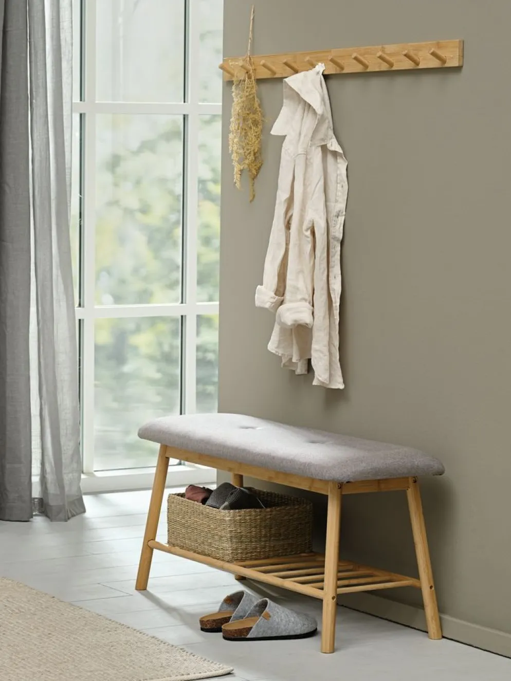 VANDSTEDBanc VANDSTED a/étagère tissu gris/bambou
